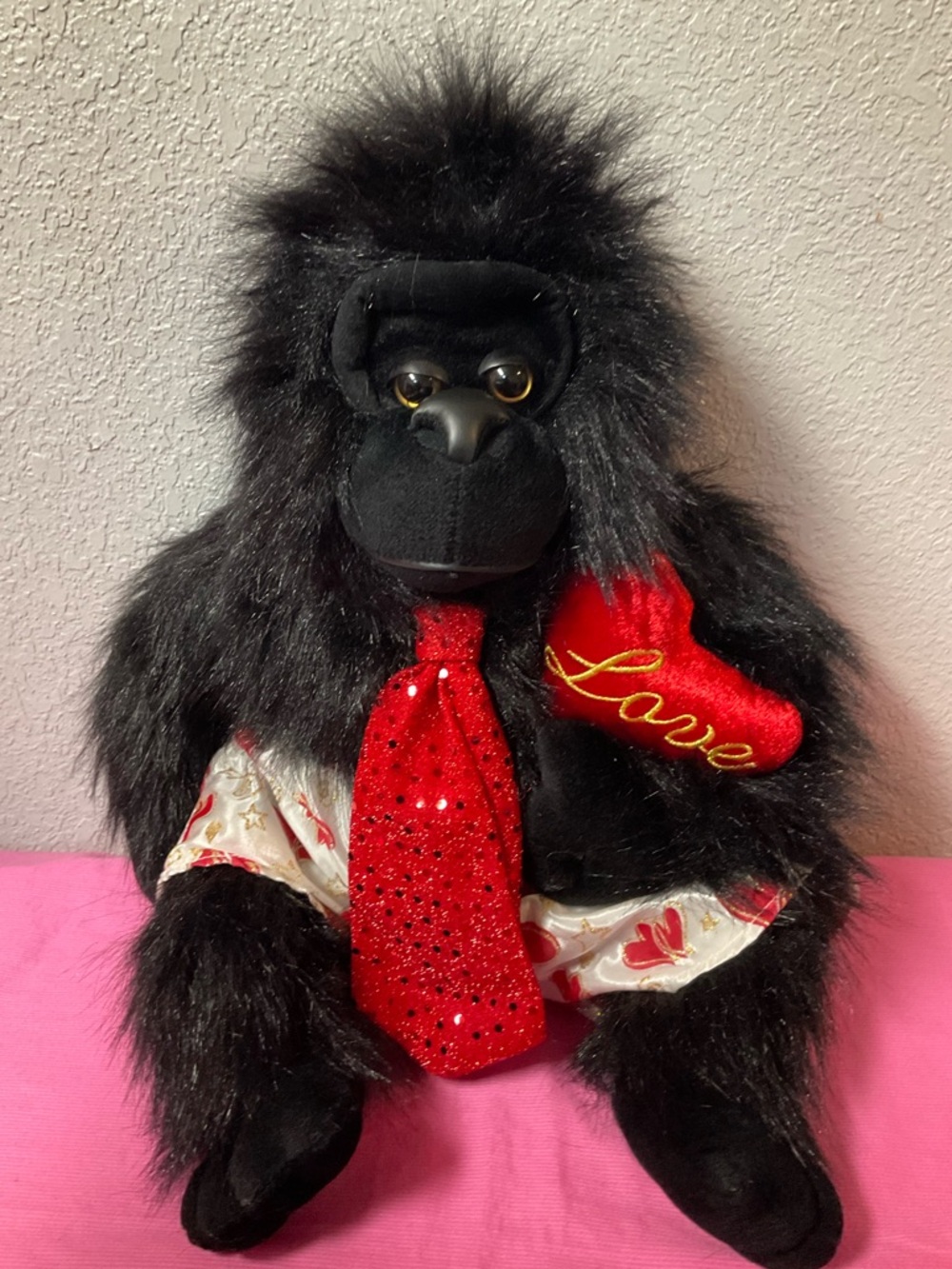 Black Plush Gorilla with Red Love Heart and Tie